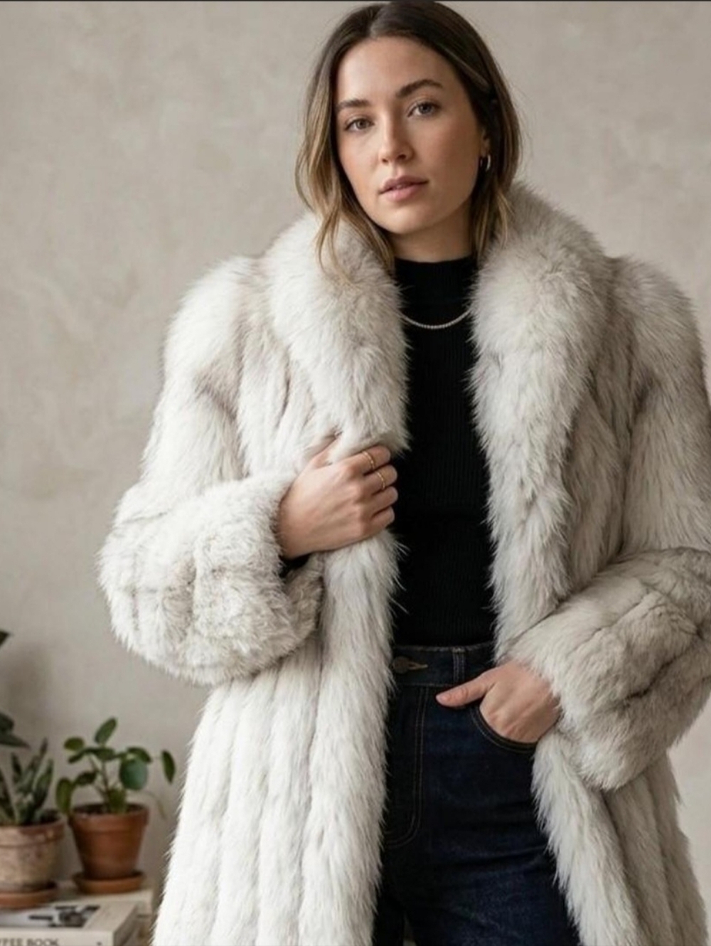 VTG 80's Natural Blue Fox Fur Coat Finland Supple Silver White Small S